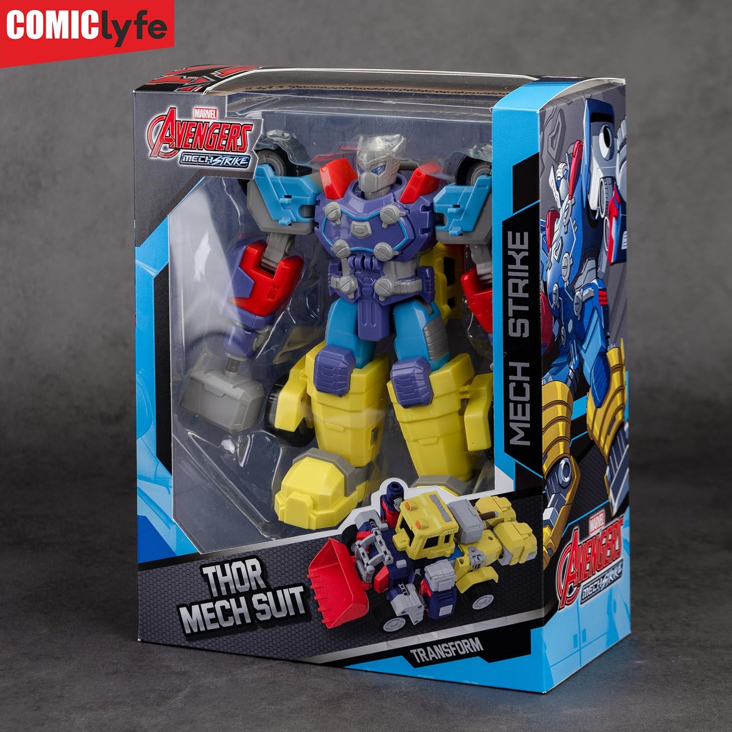 Marvel Thor Transforming Mech Suit Construction Truck | Avengers Superhero Action Figure Toy by Comiclyfe | Fully Articulated ABS + PV Collectible | Super Heroes Robot Toy for Kids (Multicolor)