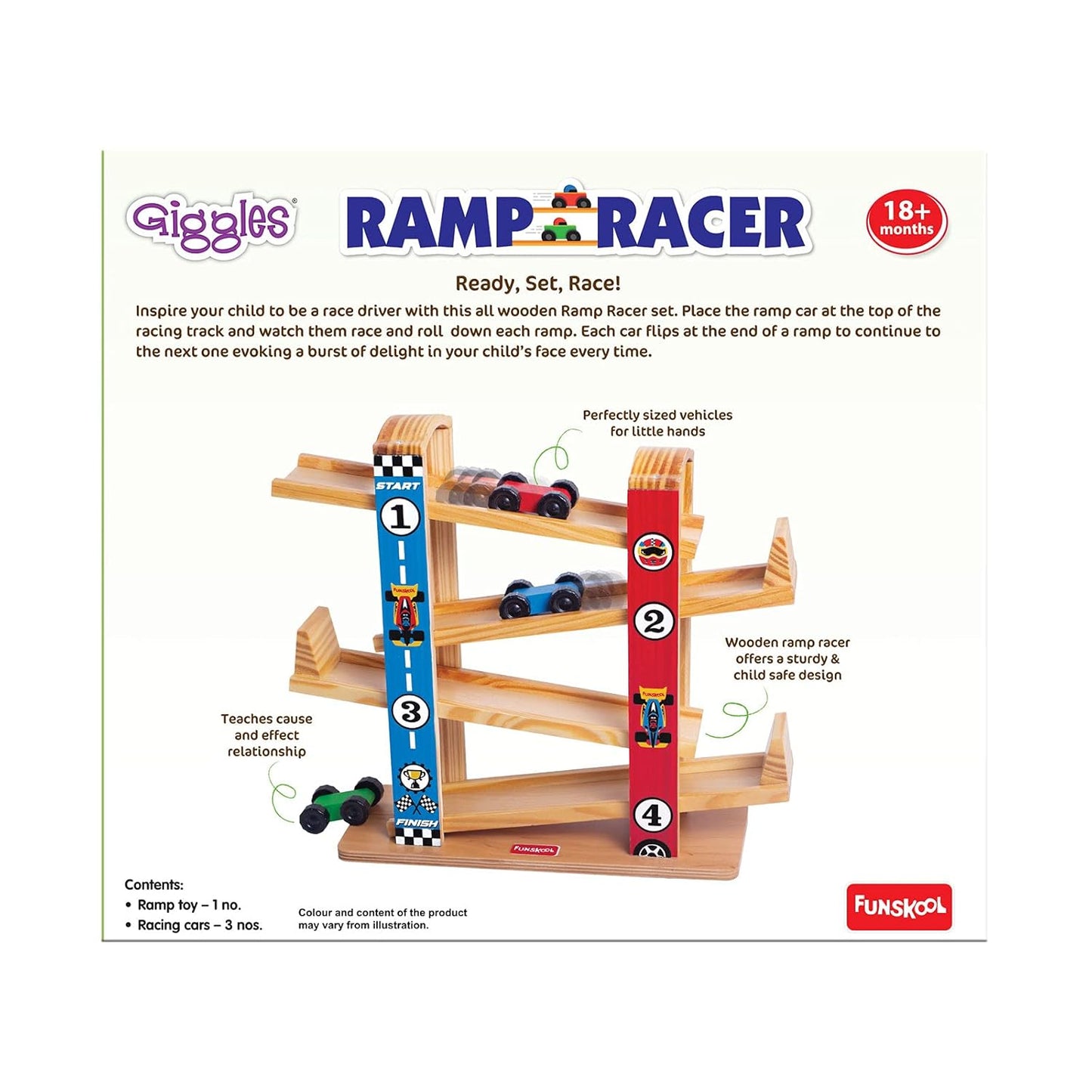 Giggles Ramp Racer, Wooden Racing Toy for Kids with 3 Mini Cars (PACK OF 4)
