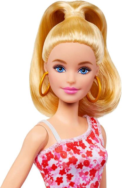 Barbie Fashionistas Doll #205 with Blonde Ponytail Wearing Removable Pink & Red Floral Dress, Platform Sandals & Hoop Earrings