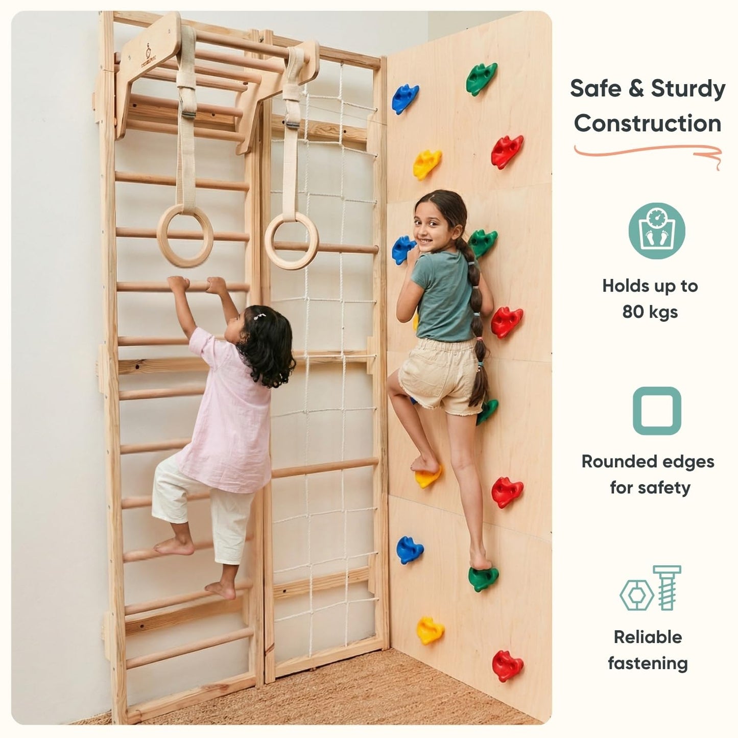 Curious Cub Jungle Gym for Kids Indoor | Wall Climbing for Kids | Contains Rock Climbing, Monkey Bar, Gymnastics Rings for Kids | Rope Ladder for Kids to Play Indoor Fun Activity for Ages 4+(8 FEET)