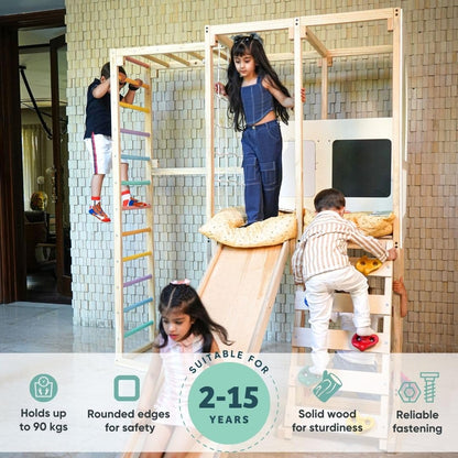 Curious Cub Playloft 8 in 1 Jungle Gym for Kids Indoor | Slide for Kids, Ladder, Drawing Board, Monkey Bars |Rock Climbing At Home|Fun Activity for Ages 2-15 Yrs|Home Play Set for Toddler