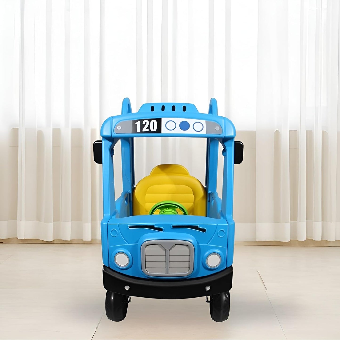 Yaya Blue Bus Roof Car, Ride-on Toy with Interactive Steering Wheel, EVA Foam Wheels, Storage Compartment, 360° Rotating Front Wheel, Double Opening Doors, Indoor Outdoor Use