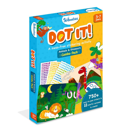 Skillmatics Paper Dot It Sticker Art Activity - Animals & Dinosaurs Combo, Mess-Free Craft Kit with 750+ Stickers, DIY Travel Toys for Kids Ages 3-7, Gifts for Boys & Girls, Multicolour(PACK OF 5)