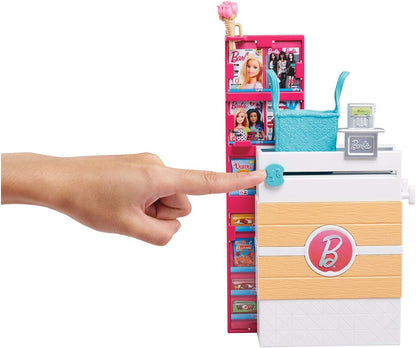 Barbie FRP01 FRP01 Supermarket Box with Doll with Flower Dress, Goods Department, Crate and Accessories, Children's Toy, Multicoloured FRP01