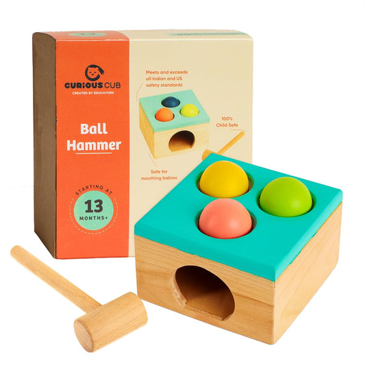 Curious Cub Wooden Hammer Ball Knock Toy, Montessori Learning Game with 3 Colorful Balls and Wooden Hammer for 2-5 Years