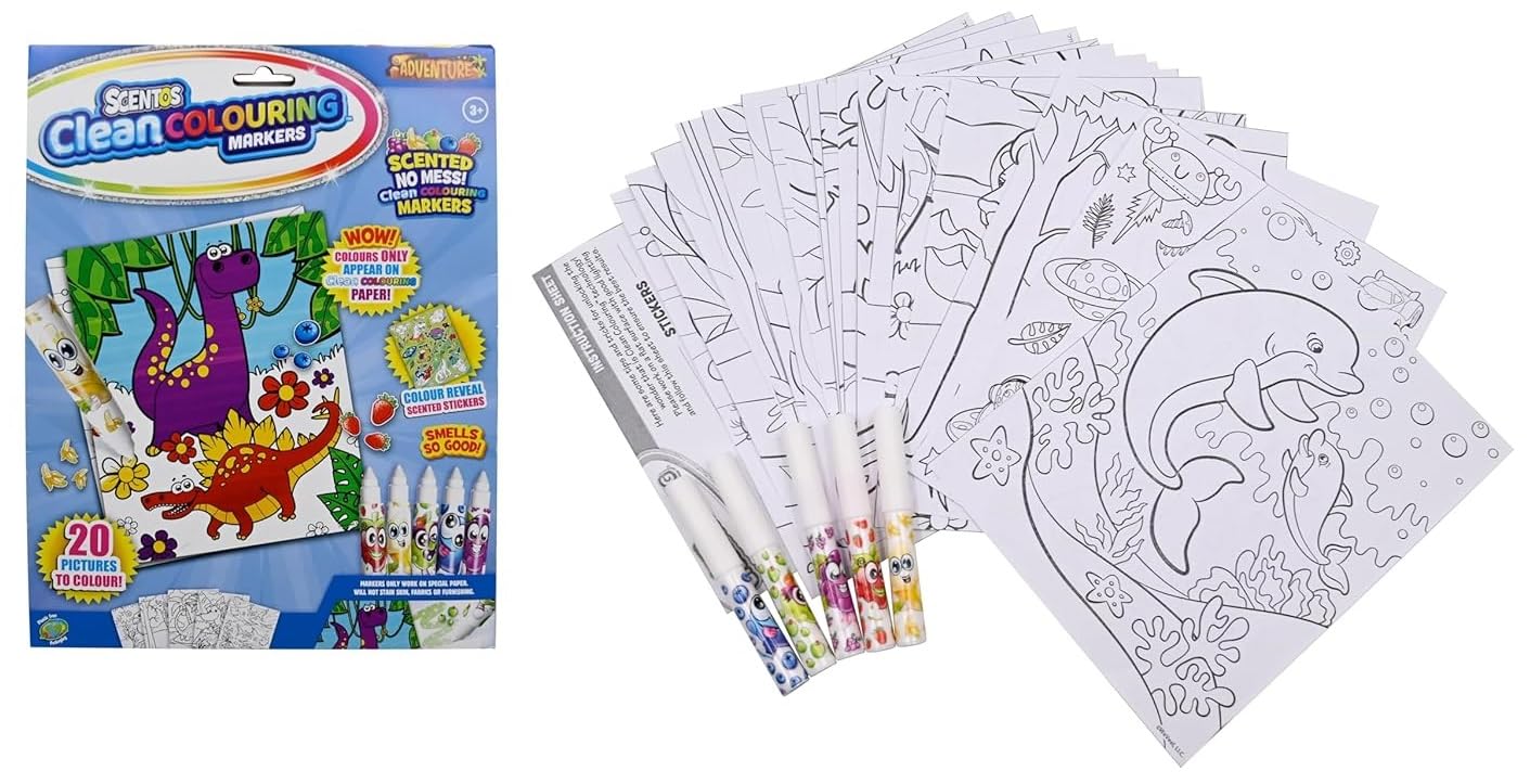 Scentos CleanColouring Markers Adventure Set By Fratelli | 20 pictures to color, Colour Reveal Stickers and 5 Scented Clean Colouring Markers(PACK OF 12)