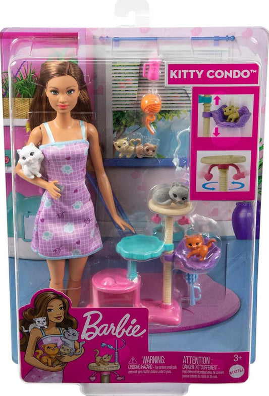 Barbie® Kitty Condo™ Doll and Pets Playset Doll (Brunette), 1 Cat, 4 Kittens, Cat Tree & Accessories, Toy for 3 Year Olds & Up HHB70