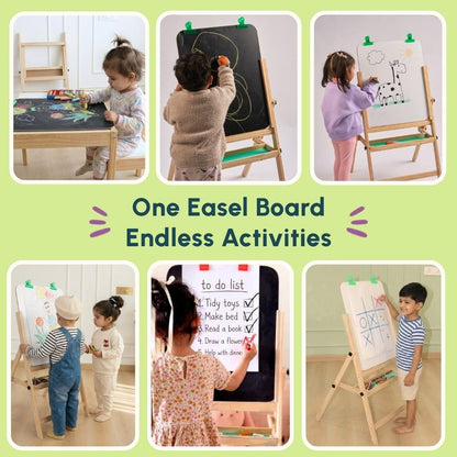 Curious Cub Wooden Easel Board for Kids 3-in-1 Whiteboard, Blackboard & Drawing Board for Kids | Easel for Painting with Paper Holders, Tray, Chalk & Marker | for 3+ Year