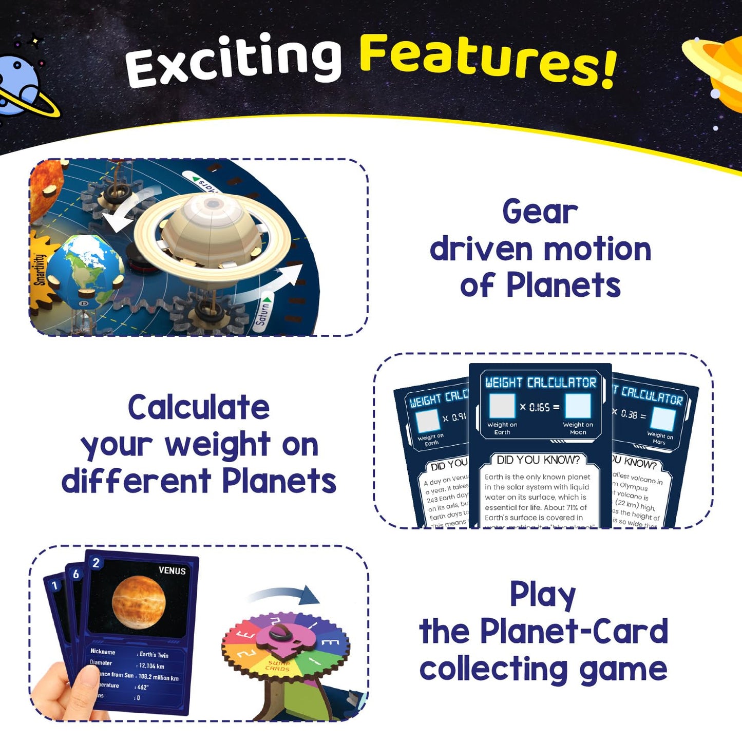 Smartivity DIY Solar System Kit | Gear-Driven Working Model of Planets | Birthday Gift for Boys & Girls 8-14 YearsI Build, Rotate & Explore Astronomy | Learn Solar System & Science Facts(PACK OF 6)