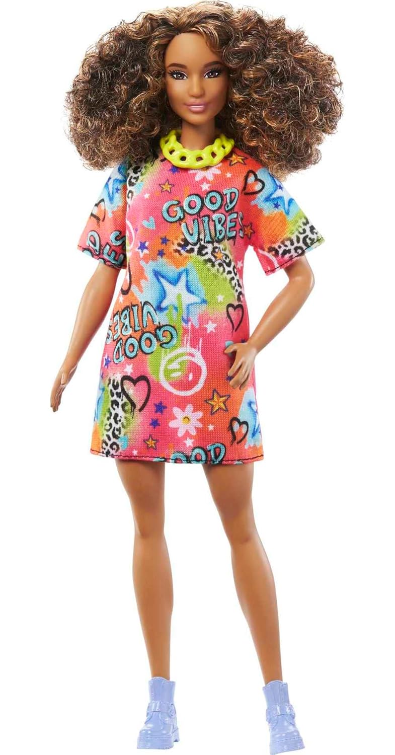 Barbie® Doll, Kids Toys, Curly Brown Hair, Fashionistas™, Athletic Body Shape, Graffiti-Print T-Shirt Dress, Clothes and Accessories