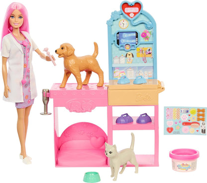 Barbie Fast Cast Veterinarian Clinic Playset with Pink Colored Hair Fashion Doll, Vet Furniture & 10+ Accessories Including Molds & Dough for Bandages JFX93