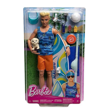 Bar'bie Ken Doll with Surfboard and Pet Puppy, Poseable Blonde Ken Beach Doll with Themed Accessories Like Towel (HPT50)