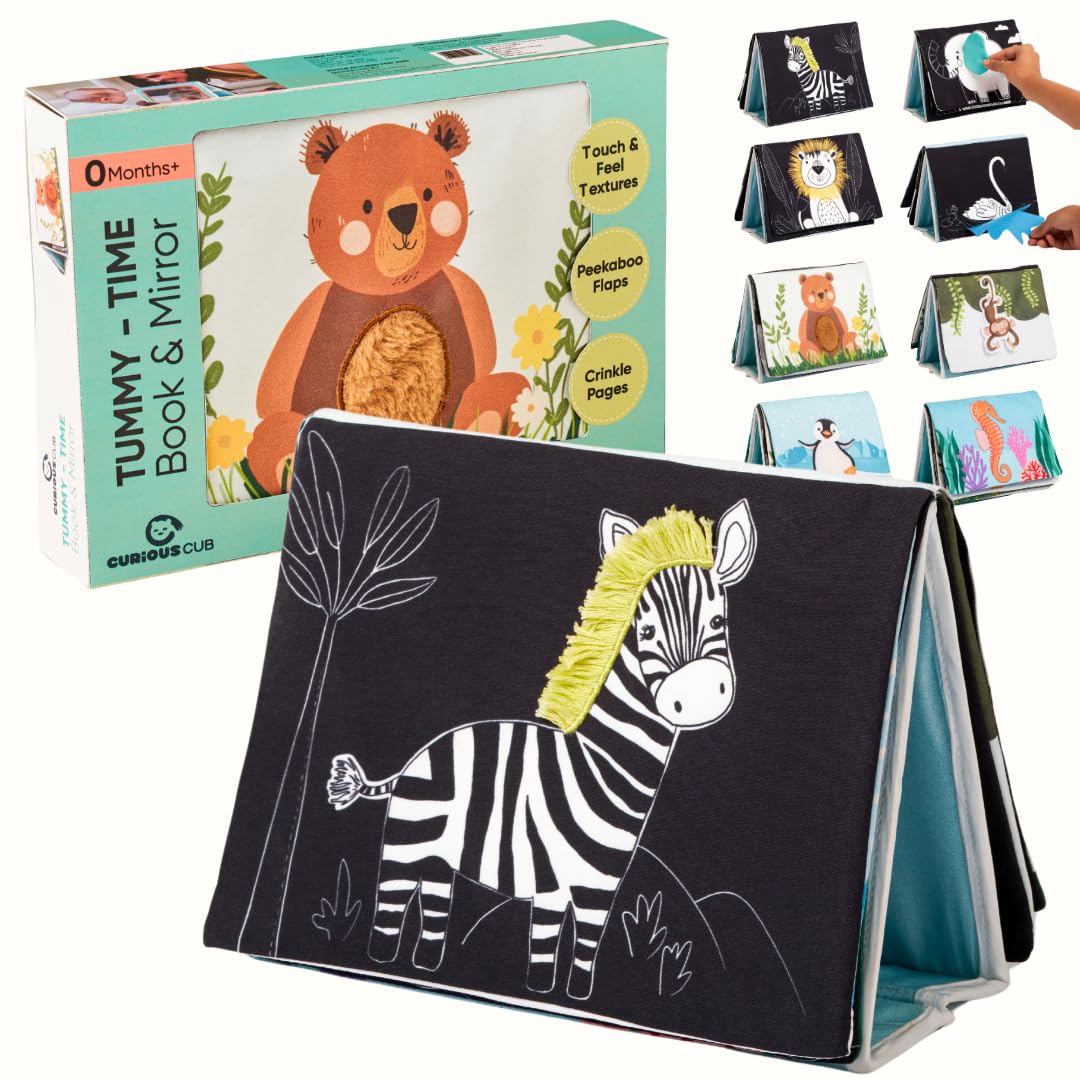 Curious Cub Baby Tummy Time High Contrast Books and Mirror | Books for 3 Month Old Baby | Touch & Feel Book for 1 Year Old | Tummy Time Toys |Sensory Toys | Cloth Book | New Born Gifts