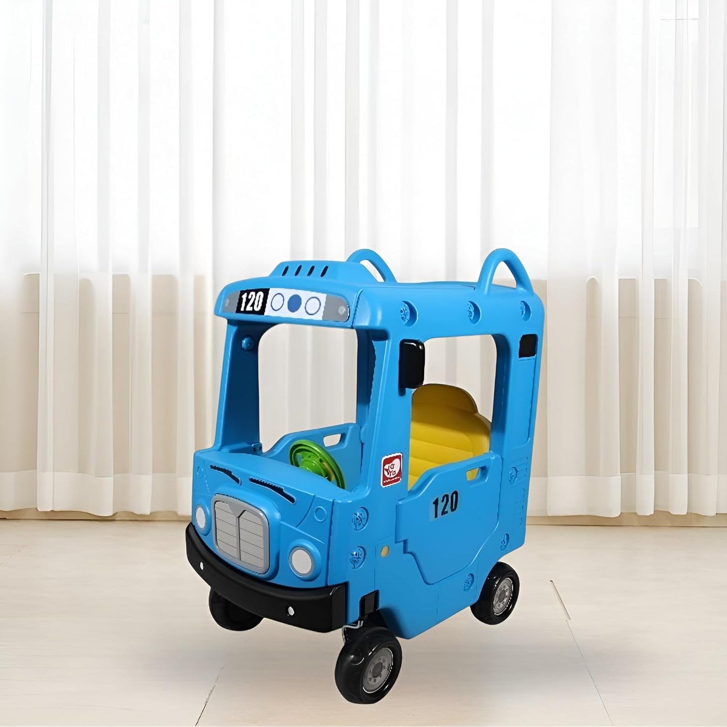 Yaya Blue Bus Roof Car, Ride-on Toy with Interactive Steering Wheel, EVA Foam Wheels, Storage Compartment, 360° Rotating Front Wheel, Double Opening Doors, Indoor Outdoor Use