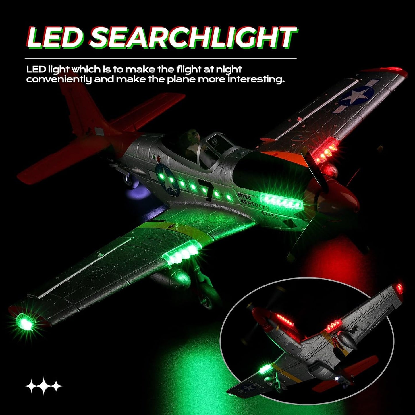 CKYSCHN WLtoys A280 RC Plane Brushless, P51 Mustang 4 Channel RC Airplane with Lights, 6G/3D RC Aircraft with 2 Batteries, 2.4G Remote Control Airplane Gifts for Adults