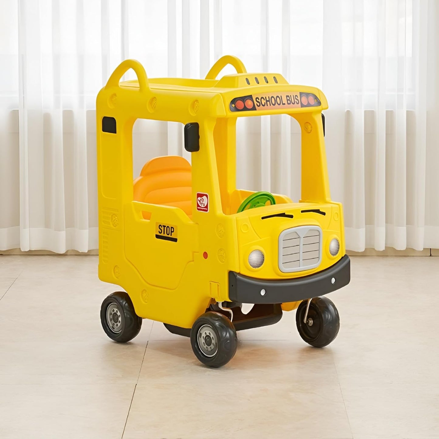 Yaya School Bus Roof Car, Ride-on Toy with Interactive Steering Wheel, EVA Foam Wheels, Storage Compartment, 360° Rotating Front Wheel, Double Opening Doors, Indoor Outdoor Use