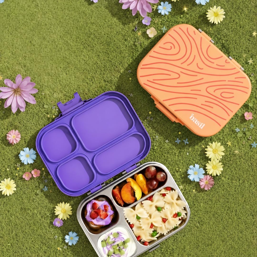 Basil Bento Box Quad – 4 Compartment Stainless Steel Lunch Box, 830 ml | Coral Swirl