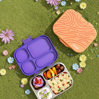 Basil Bento Box Quad – 4 Compartment Stainless Steel Lunch Box, 830 ml | Coral Swirl