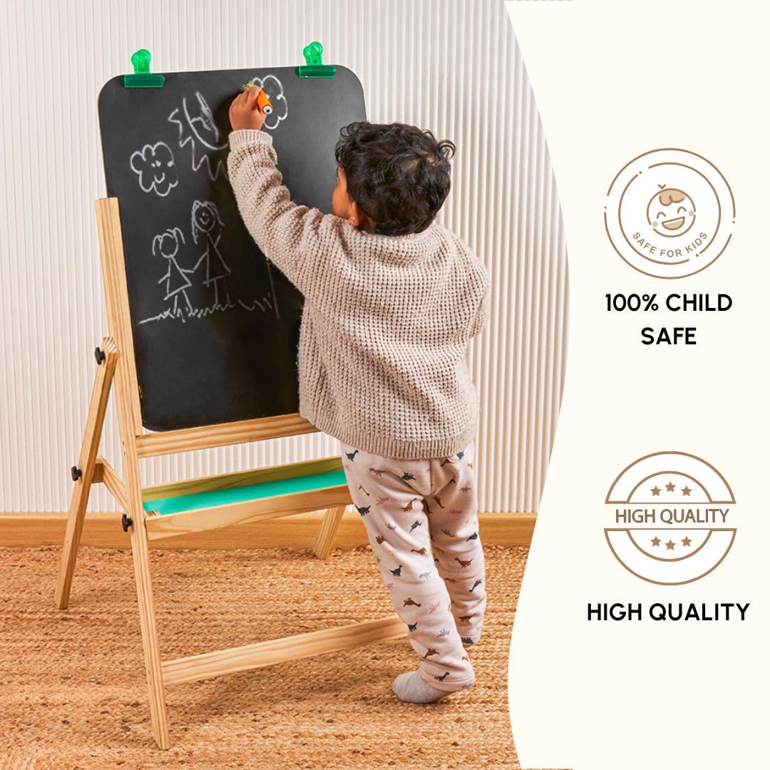 Curious Cub Wooden Easel Board for Kids 3-in-1 Whiteboard, Blackboard & Drawing Board for Kids | Easel for Painting with Paper Holders, Tray, Chalk & Marker | for 3+ Year