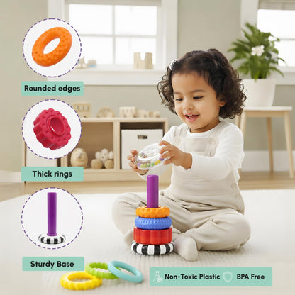 Curious Cub Ring Stacker Baby Toy for 6+ Month Old Baby with Different Sensory Rings & Rattle | Stacking Montessori Learning Toy for Early Brain Development for Kids & Infants