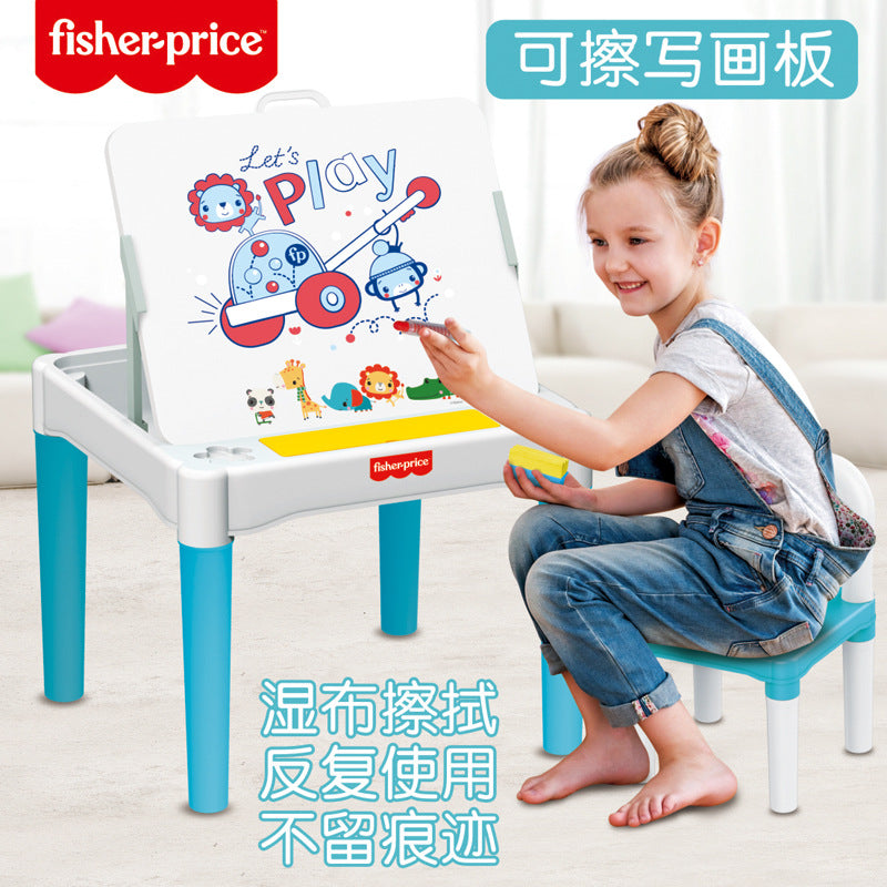 Fisher-Price 3-in-1 Multifunctional Learning Table & Chair Set – Building Block Play Table, Erasable Drawing Board & Study Desk with Hidden Storage