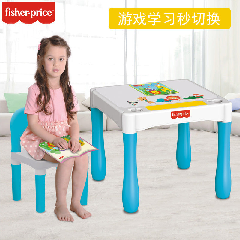 Fisher-Price 3-in-1 Multifunctional Learning Table & Chair Set – Building Block Play Table, Erasable Drawing Board & Study Desk with Hidden Storage