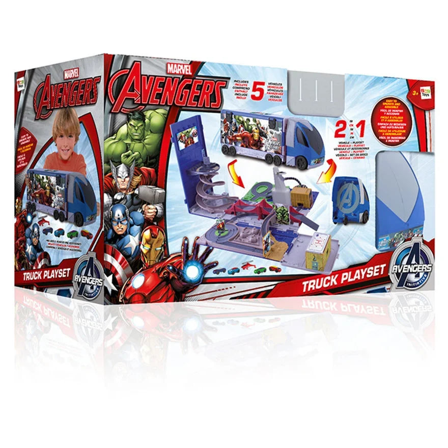 Marvel Avengers 2-in-1 Truck Playset – Transforming Hauler with Spiral Ramp Track, Detachable Cab & 5 Vehicles