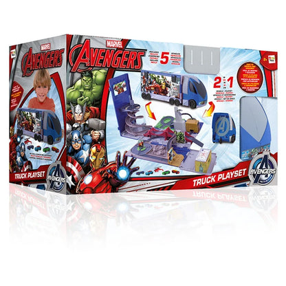 Marvel Avengers 2-in-1 Truck Playset – Transforming Hauler with Spiral Ramp Track, Detachable Cab & 5 Vehicles
