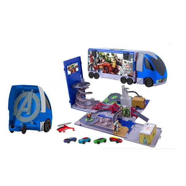 Marvel Avengers 2-in-1 Truck Playset – Transforming Hauler with Spiral Ramp Track, Detachable Cab & 5 Vehicles