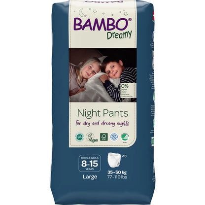 Bambo Nature Premium Dreamy Night Pants - Ultra Flexible Waistband, Ultra Absorbent Core Keeps Child And Bed Dry All Night, Pull Up Diaper, Soft, Breathable, All Round Protection, Kids 8-15, 35-50kg, 10 Count
