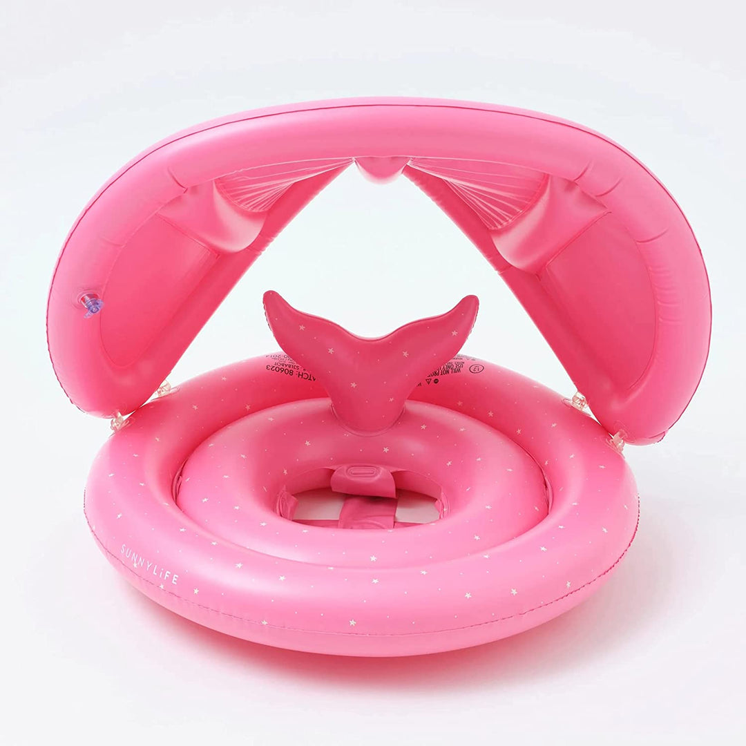 SUNNYLiFE Pink Color Inflatable Baby Float with Canopy Ocean Treasure Rose