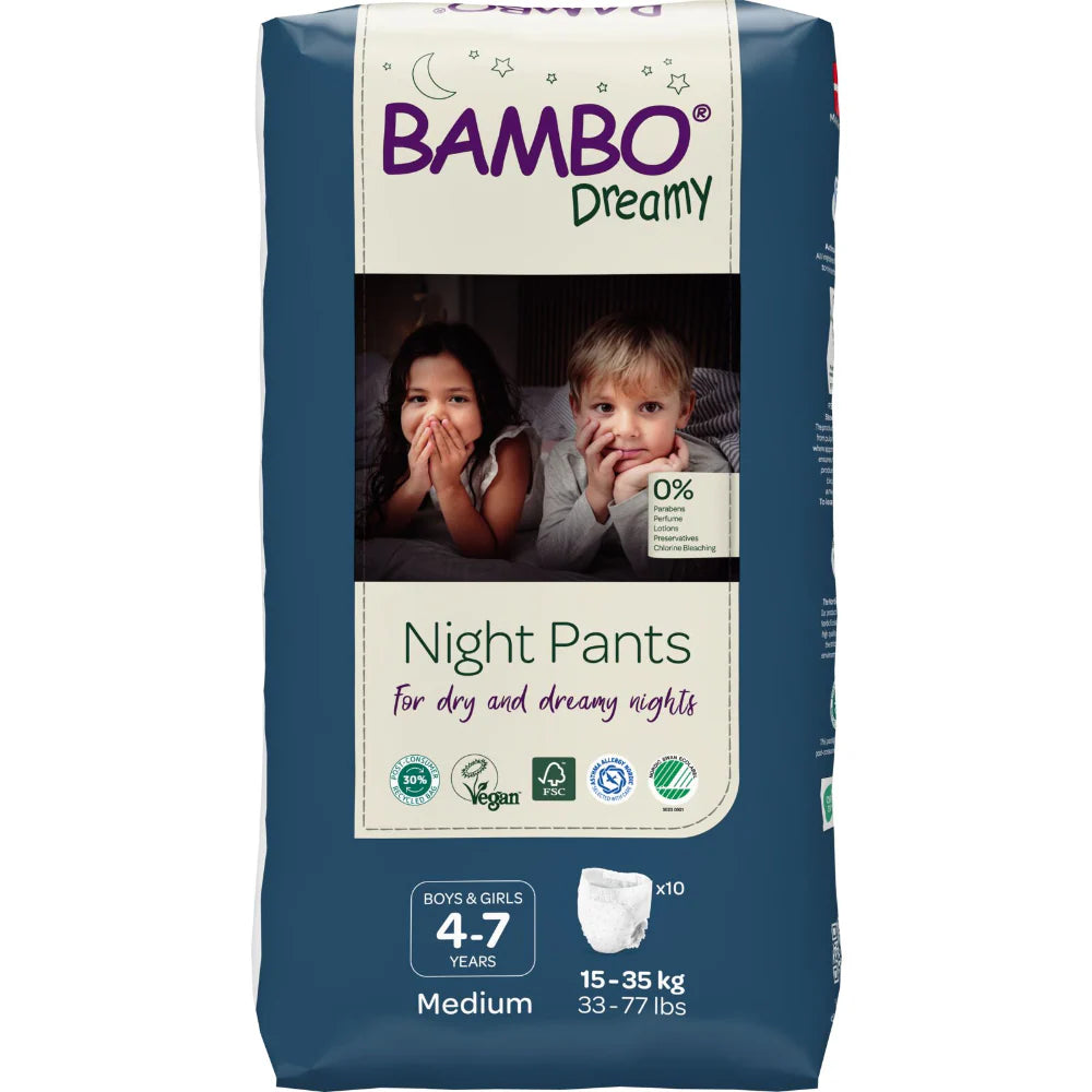 Bambo Nature Premium Dreamy Night Pants - Ultra Flexible Waistband, Ultra Absorbent Core Keeps Child And Bed Dry All Night, Pull Up Diaper, Soft, Breathable, All Round Protection, Kids 4-7, 15-35kg, 10 Count