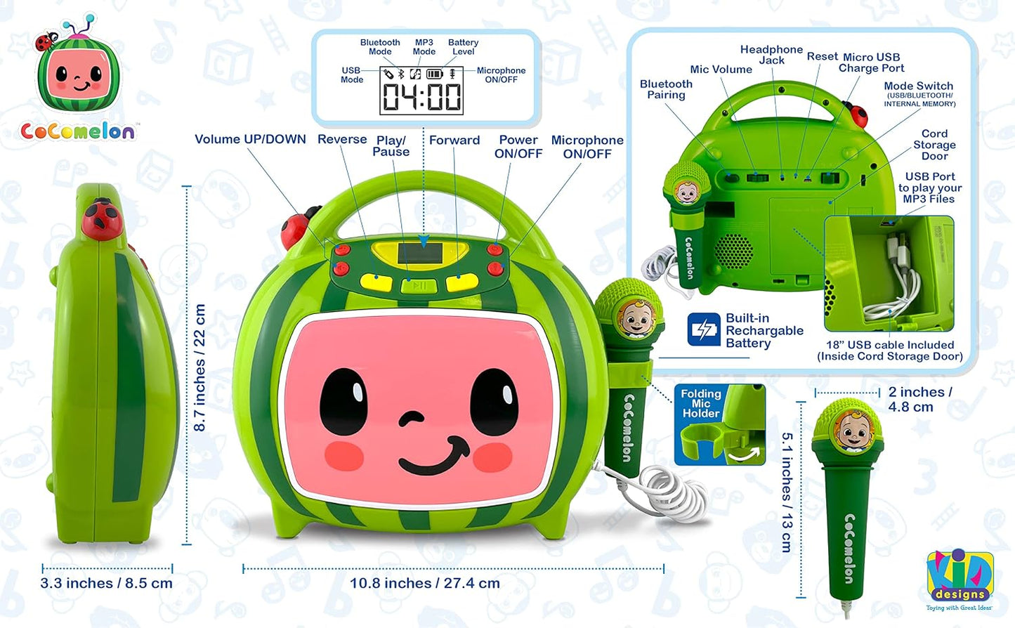 Cocomelon Bluetooth Karaoke Machine for Kids with Built-in Songs