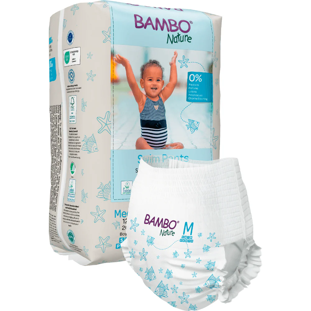 Bambo Nature Premium Disposable Swim Diaper Pants - Double Leak Barriers, Soft 360° Elastic Fit, Chemical Free & Leakproof Pool Diapers For Babies, Waterproof Toddler Swimming Swimsuit, Kids 12+ kg, 12 Count
