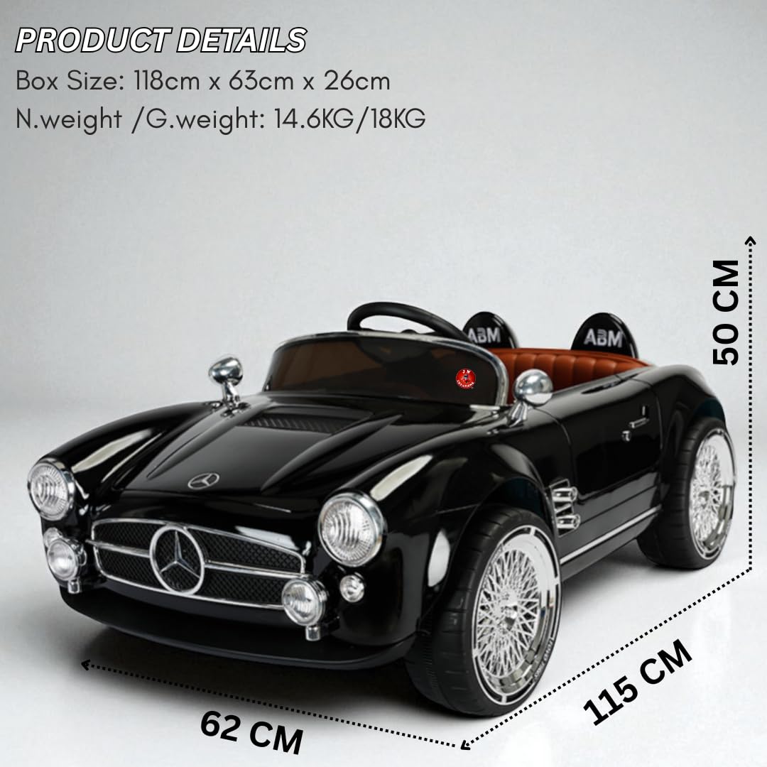 Vintage Classic Roadster Ride-On Car for Kids with  Parent Remote, LED Lights, Music & Chrome Wire-Spoke Wheels - BLACK
