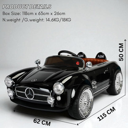 Vintage Classic Roadster Ride-On Car for Kids with  Parent Remote, LED Lights, Music & Chrome Wire-Spoke Wheels - BLACK