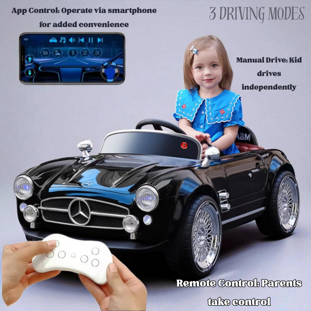 Vintage Classic Roadster Ride-On Car for Kids with  Parent Remote, LED Lights, Music & Chrome Wire-Spoke Wheels - BLACK