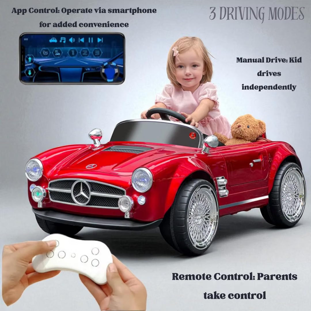 Vintage Classic Roadster Ride-On Car for Kids with  Parent Remote, LED Lights, Music & Chrome Wire-Spoke Wheels - RED
