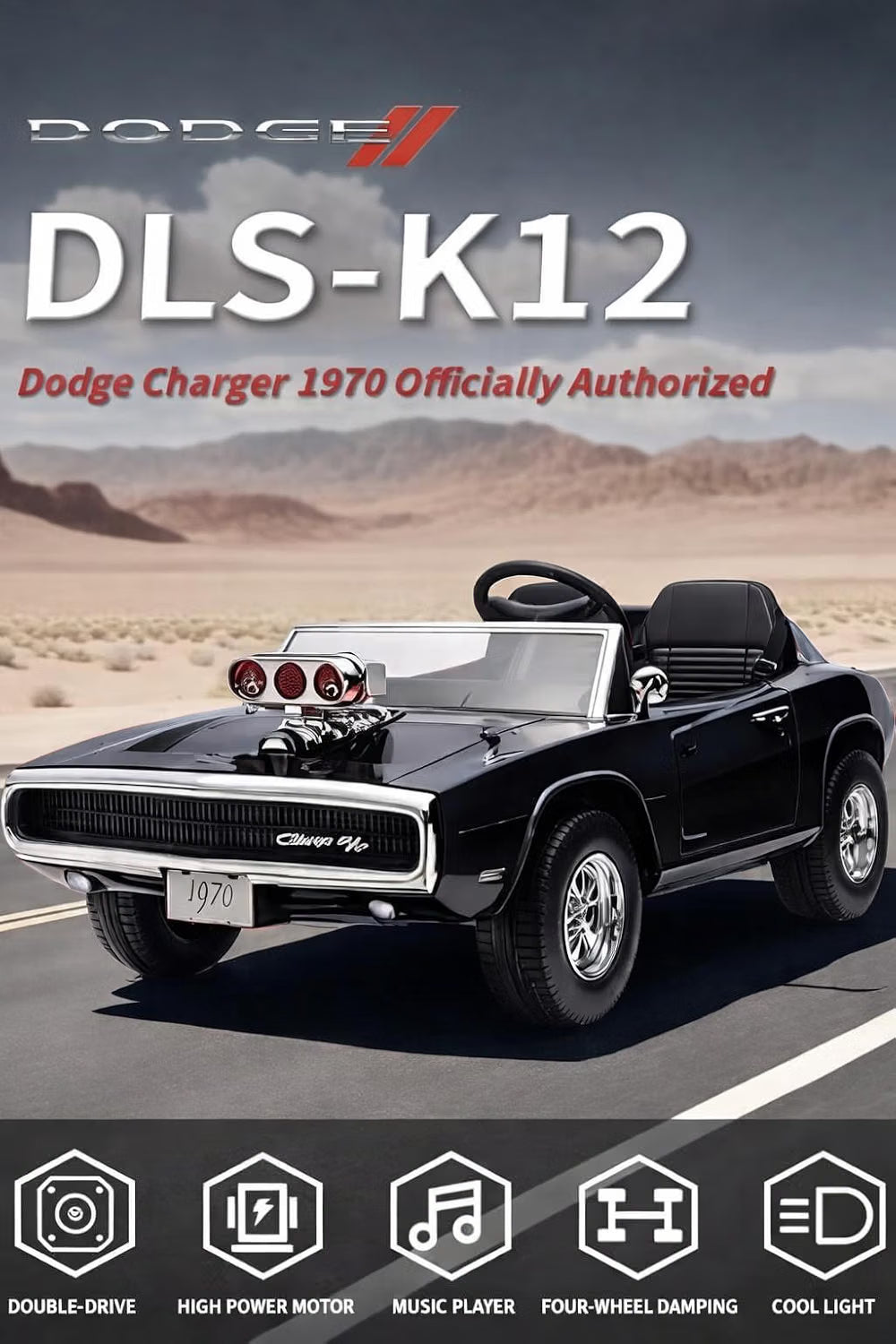 Dodge Charger 1970  2-Seater Kids Ride On Car with Parent Remote, Light-Up Engine Blower, Music, LED Lights & Openable Doors
