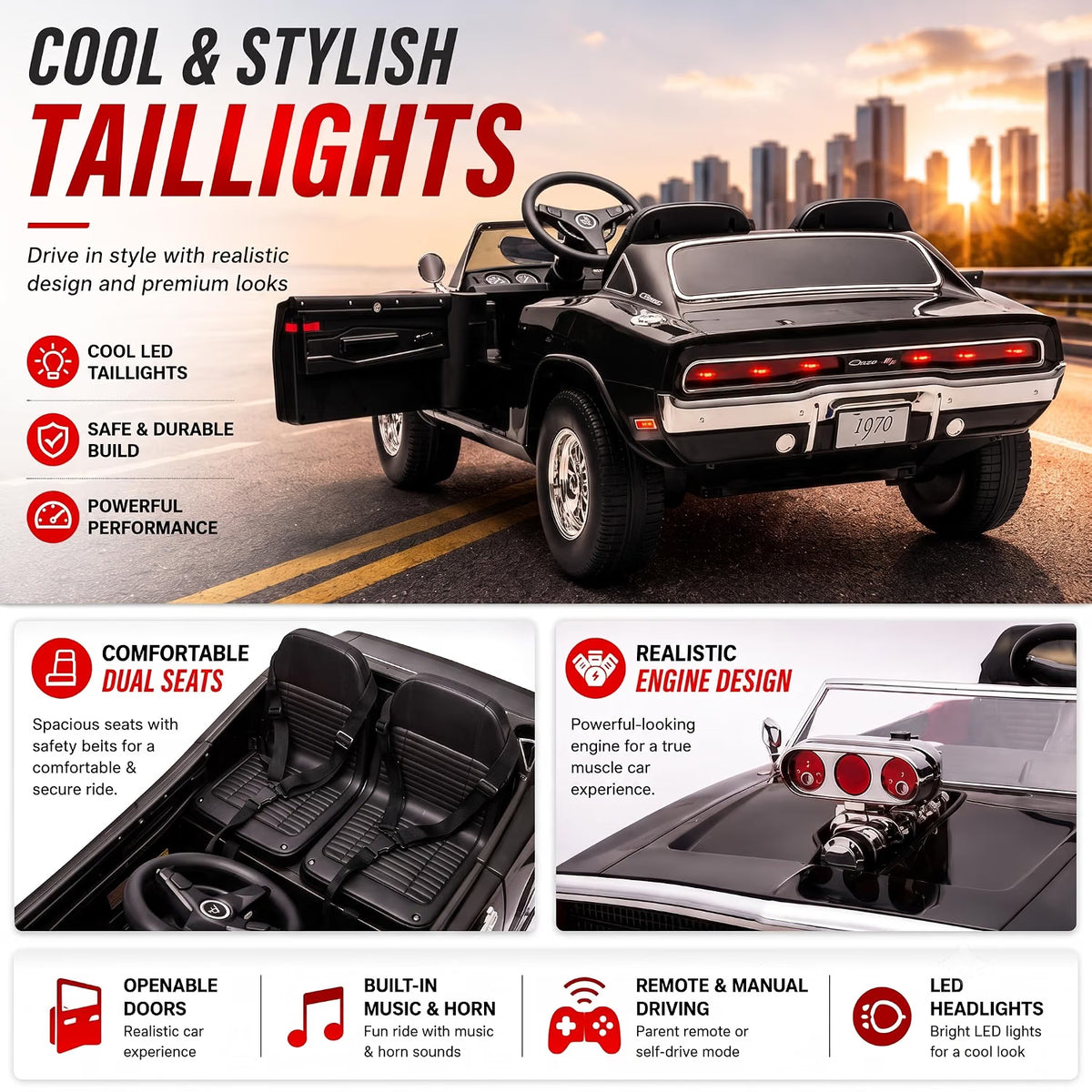 Dodge Charger 1970  2-Seater Kids Ride On Car with Parent Remote, Light-Up Engine Blower, Music, LED Lights & Openable Doors