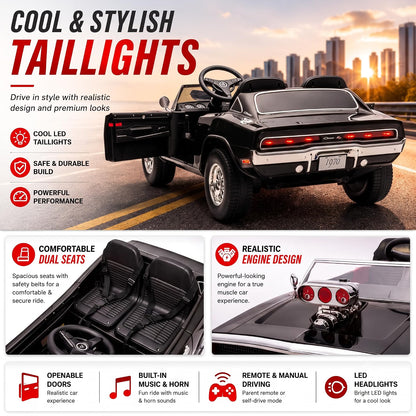 Dodge Charger 1970  2-Seater Kids Ride On Car with Parent Remote, Light-Up Engine Blower, Music, LED Lights & Openable Doors