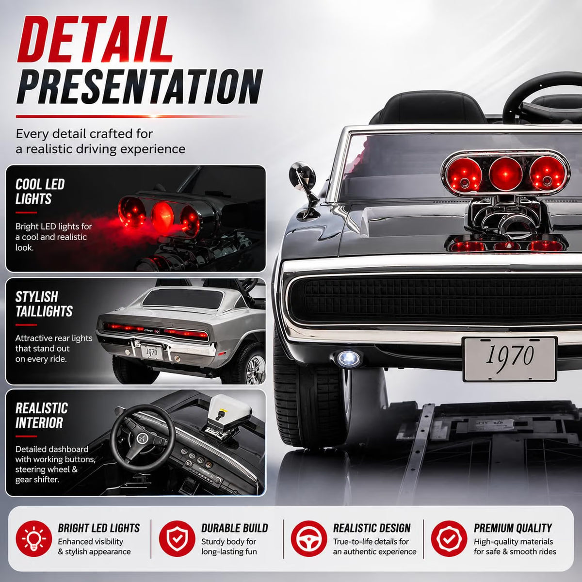 Dodge Charger 1970  2-Seater Kids Ride On Car with Parent Remote, Light-Up Engine Blower, Music, LED Lights & Openable Doors