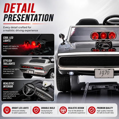 Dodge Charger 1970  2-Seater Kids Ride On Car with Parent Remote, Light-Up Engine Blower, Music, LED Lights & Openable Doors