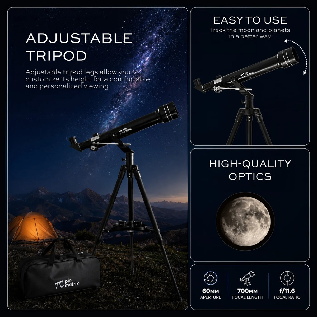 Pie Matrix Phoenix 60700 Refractor Telescope – 60mm Aperture, 700mm Focal Length, 3 Eyepieces, 3X Barlow, Tripod & Travel Bag
