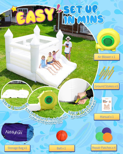 Luxury White Inflatable Bouncy Castle for Kids with Slide & Spacious Jump Area