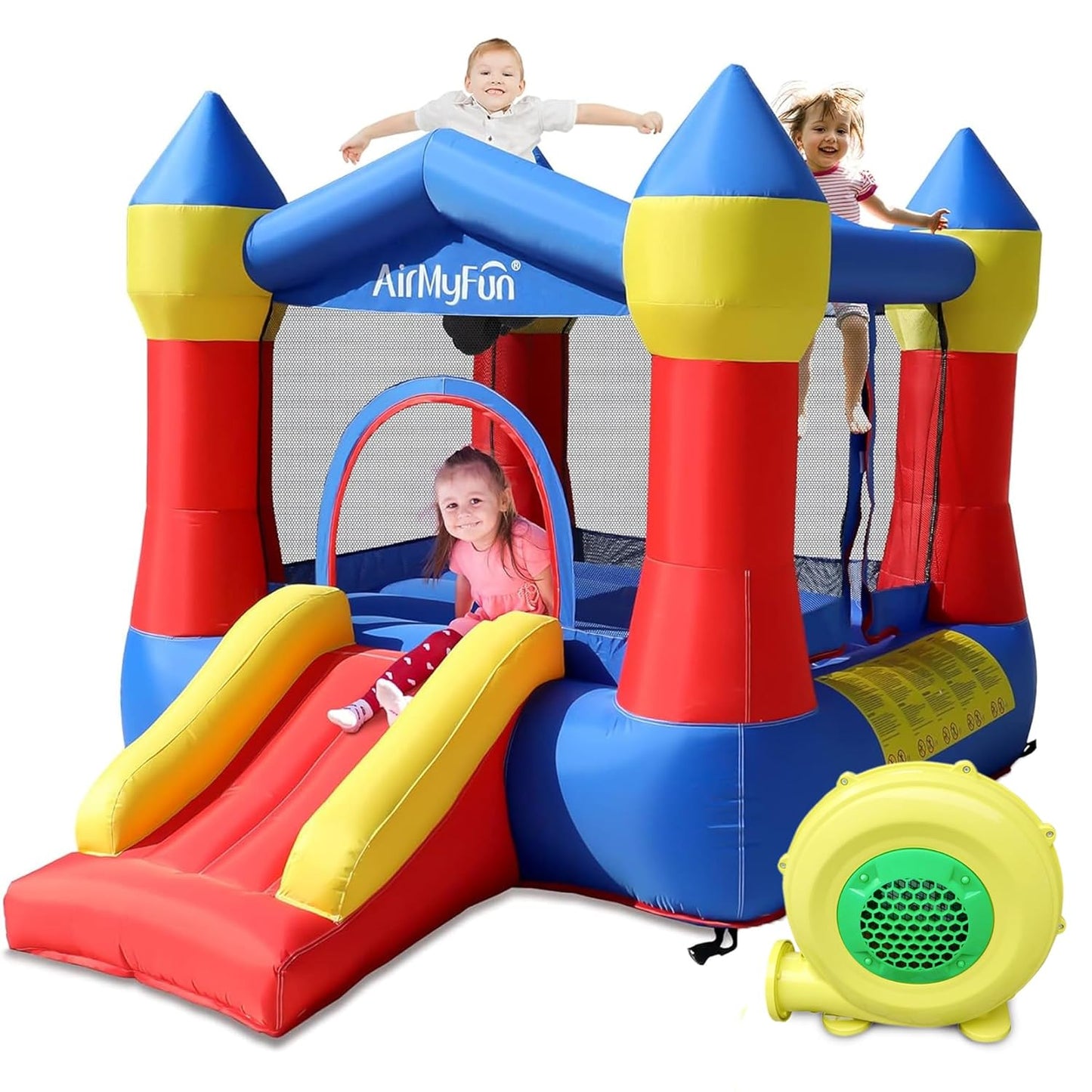 Kids Bounce House Inflatable Castle with Slide, Safe Netting & Quick Setup Air Blower