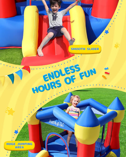 Kids Bounce House Inflatable Castle with Slide, Safe Netting & Quick Setup Air Blower