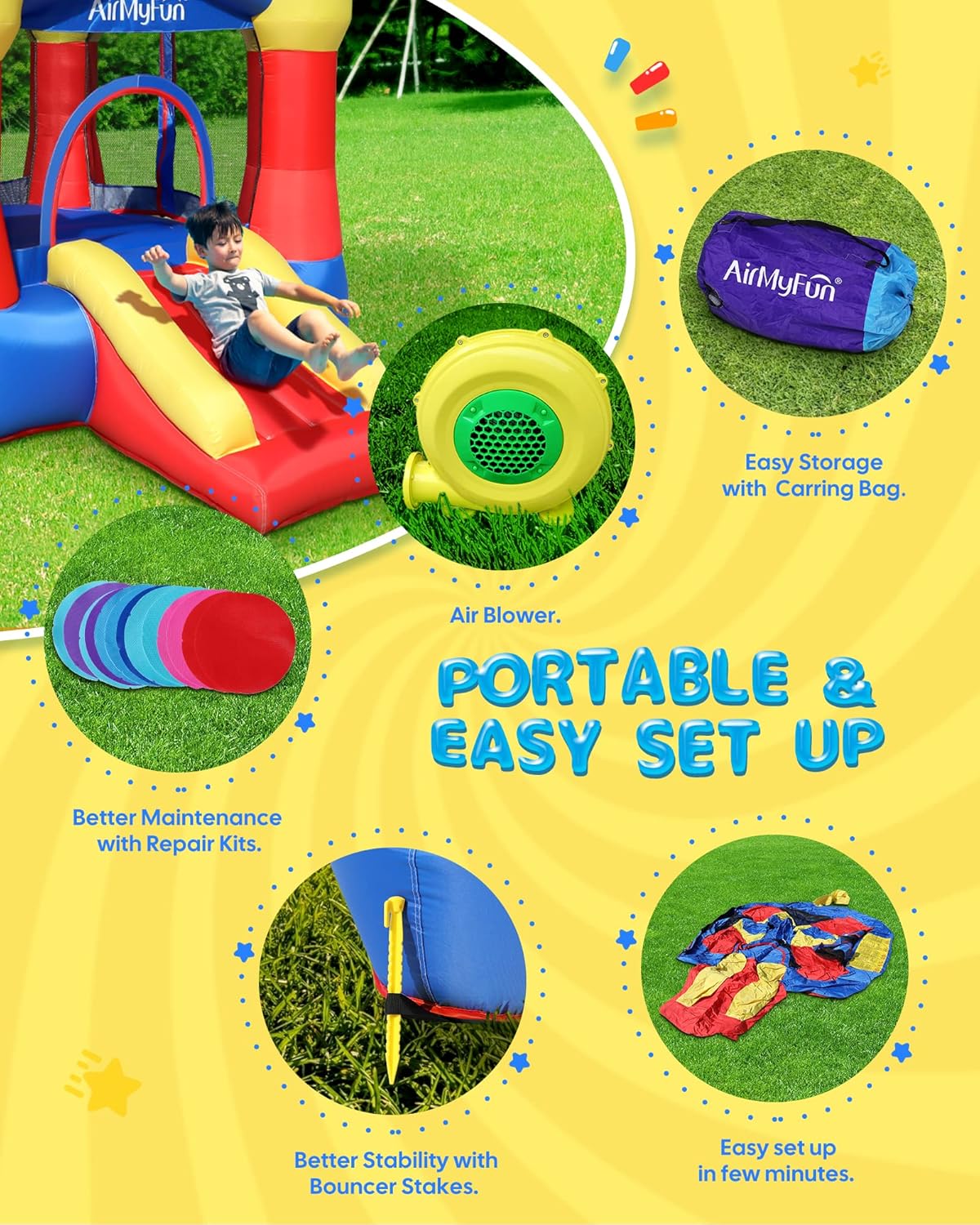 Kids Bounce House Inflatable Castle with Slide, Safe Netting & Quick Setup Air Blower