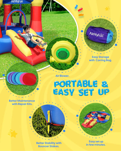 Kids Bounce House Inflatable Castle with Slide, Safe Netting & Quick Setup Air Blower