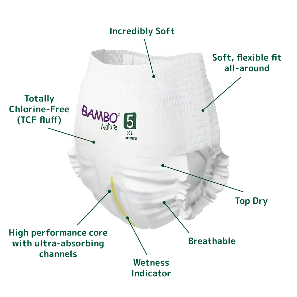 Bambo Nature Premium Baby Pants Diapers for Babies, XL Size (11-17 Kgs), Super Absorbent, Breathable, Extra Soft, Dermatologically Tested, Hypoallergenic Infant Nappies With Wetness Indicator
